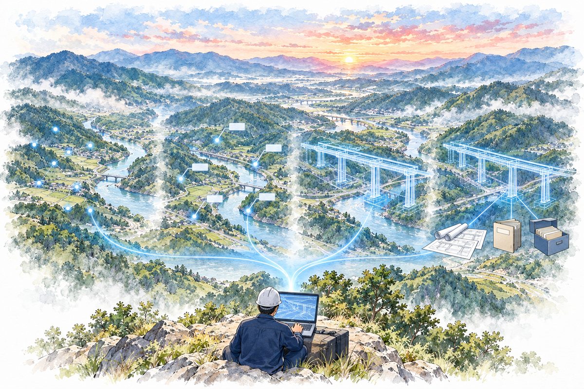 谷の地形の上に、AIへの指示で光る点が打たれ、点に札が付き、点が結ばれて橋の骨組みになり、骨組みから図面・書類・点検記録へ線がつながる。手前でパソコンに指示を出す技術者