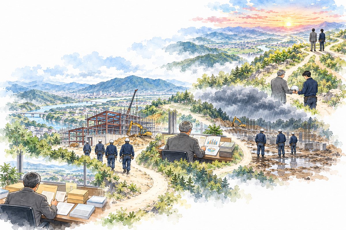 すごろくのような1本の道。入札の机、現場へ向かう人、帳簿を見る社長、雨雲の現場、ヘルメットの手渡し、朝日の丘の分かれ道が順に並ぶ