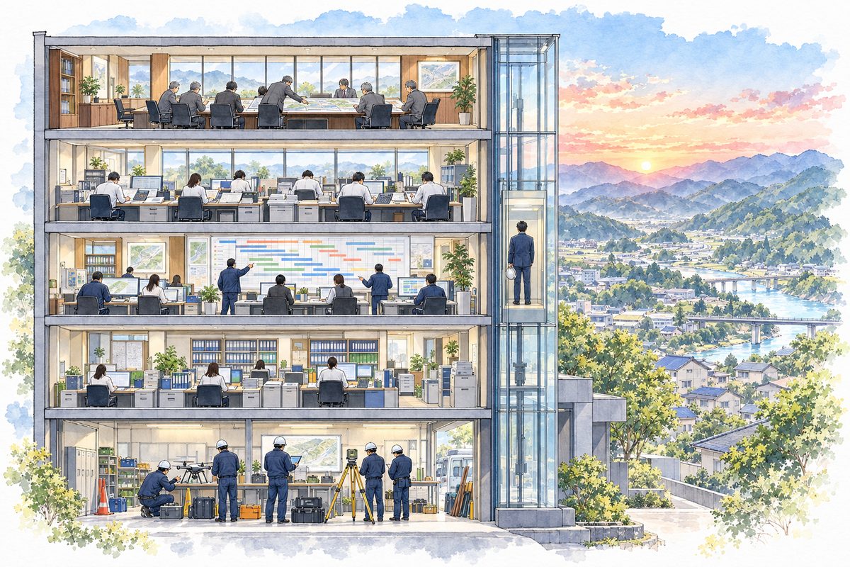5階建ての建設会社の断面。各階で経営、財務、運営、バックオフィス、技術の仕事をしていて、外のガラスのエレベーターに代表が立つ