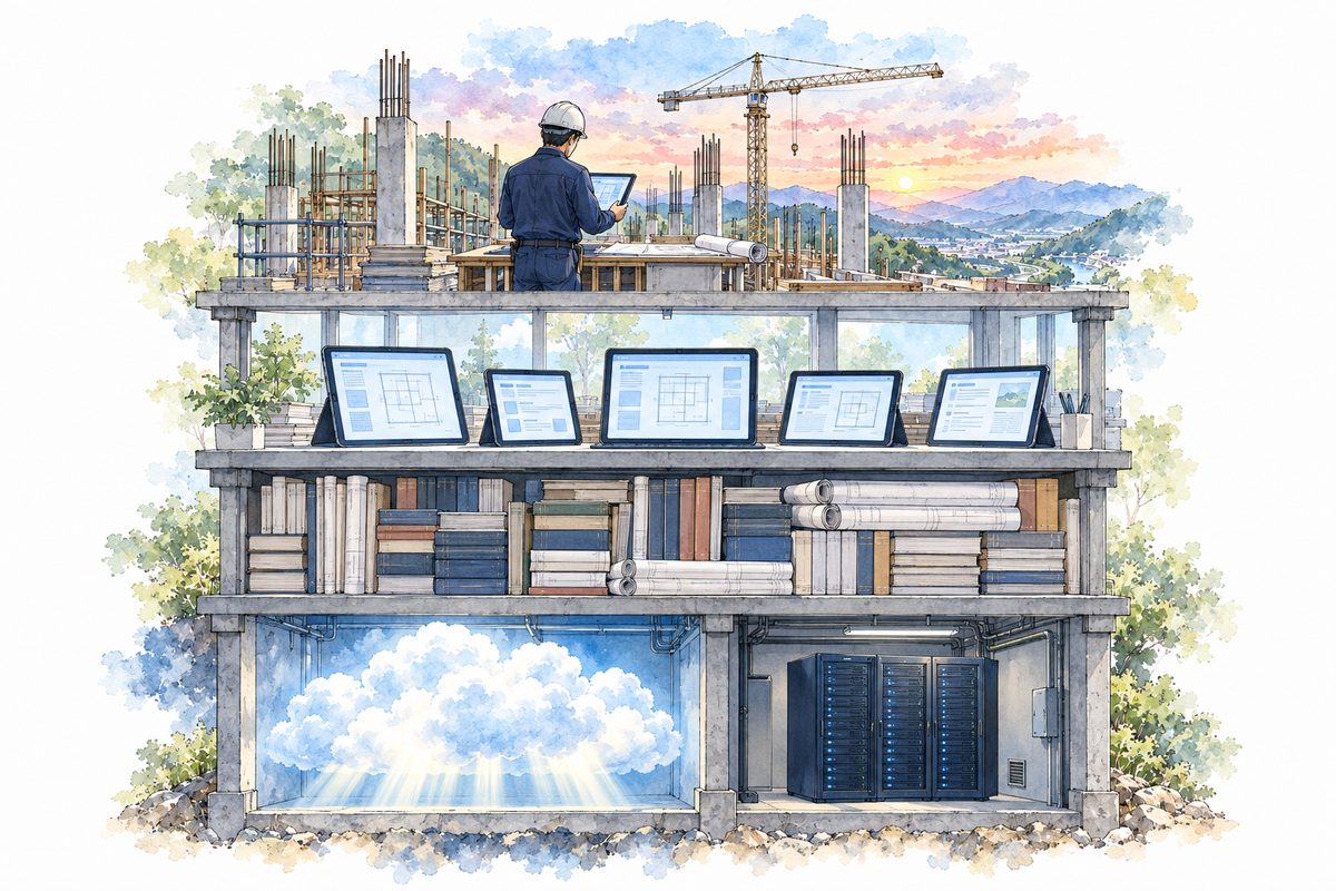 下から積み上げた土台。雲から光が降りる土台とサーバーの土台、知識の本の石垣、光るタブレットの層、現場で書類を片づける技術者
