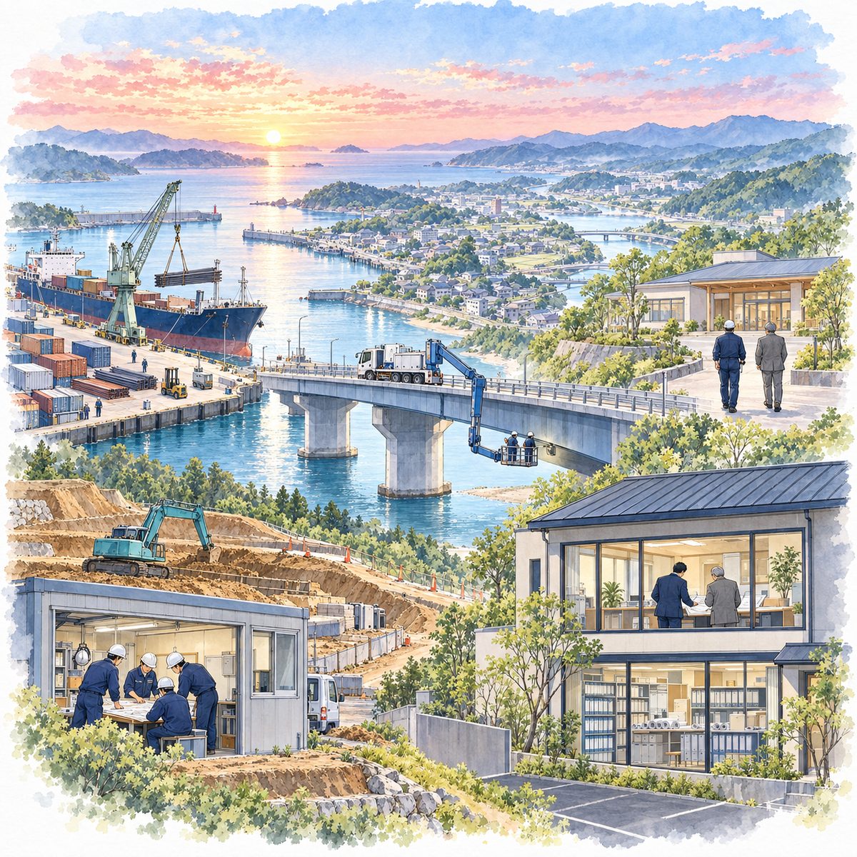 朝焼けの海辺の町を高台から見下ろした絵。港、橋、ホール、造成中の現場、建設会社の事務所がある